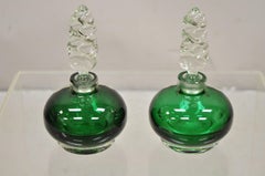 Vintage Emerald Green Blown Glass Spiral Stopper Bavarian Perfume Bottle - Pair