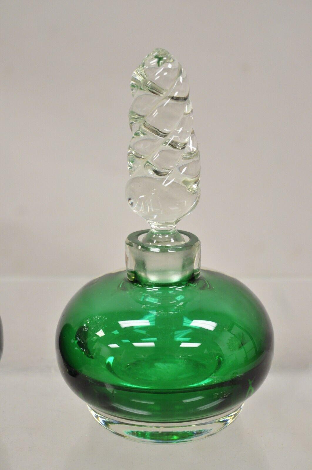 Victorian Vintage Emerald Green Blown Glass Spiral Stopper Bavarian Perfume Bottle - Pair For Sale