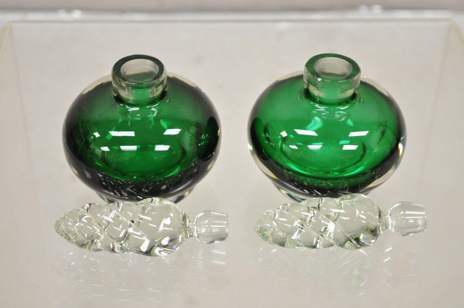 20th Century Vintage Emerald Green Blown Glass Spiral Stopper Bavarian Perfume Bottle - Pair