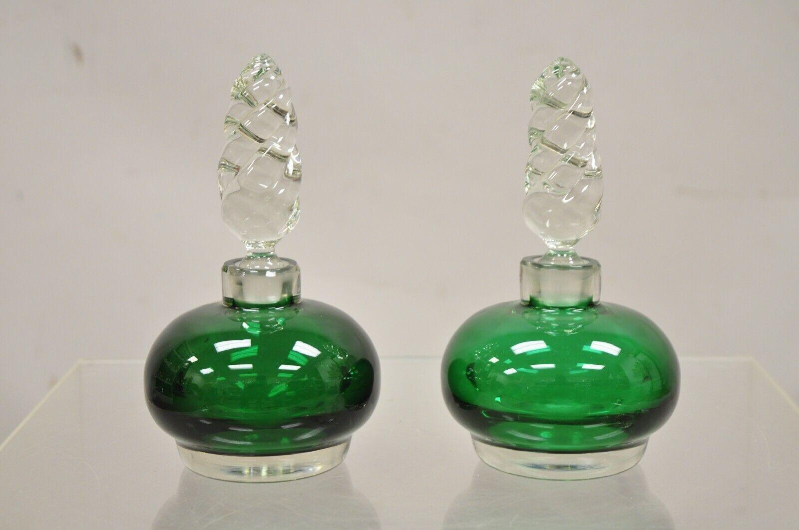 Vintage Emerald Green Blown Glass Spiral Stopper Bavarian Perfume Bottle - Pair For Sale 2