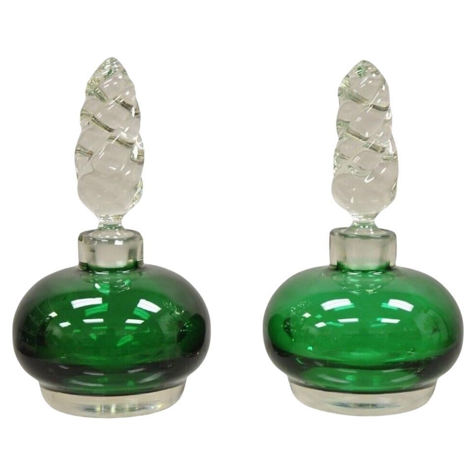 Vintage Emerald Green Blown Glass Spiral Stopper Bavarian Perfume Bottle - Pair For Sale