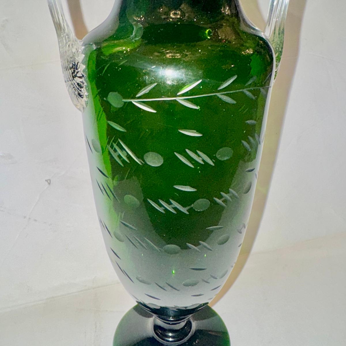 Vintage Smaragdgrün Geätzte Glasvase im Angebot 2