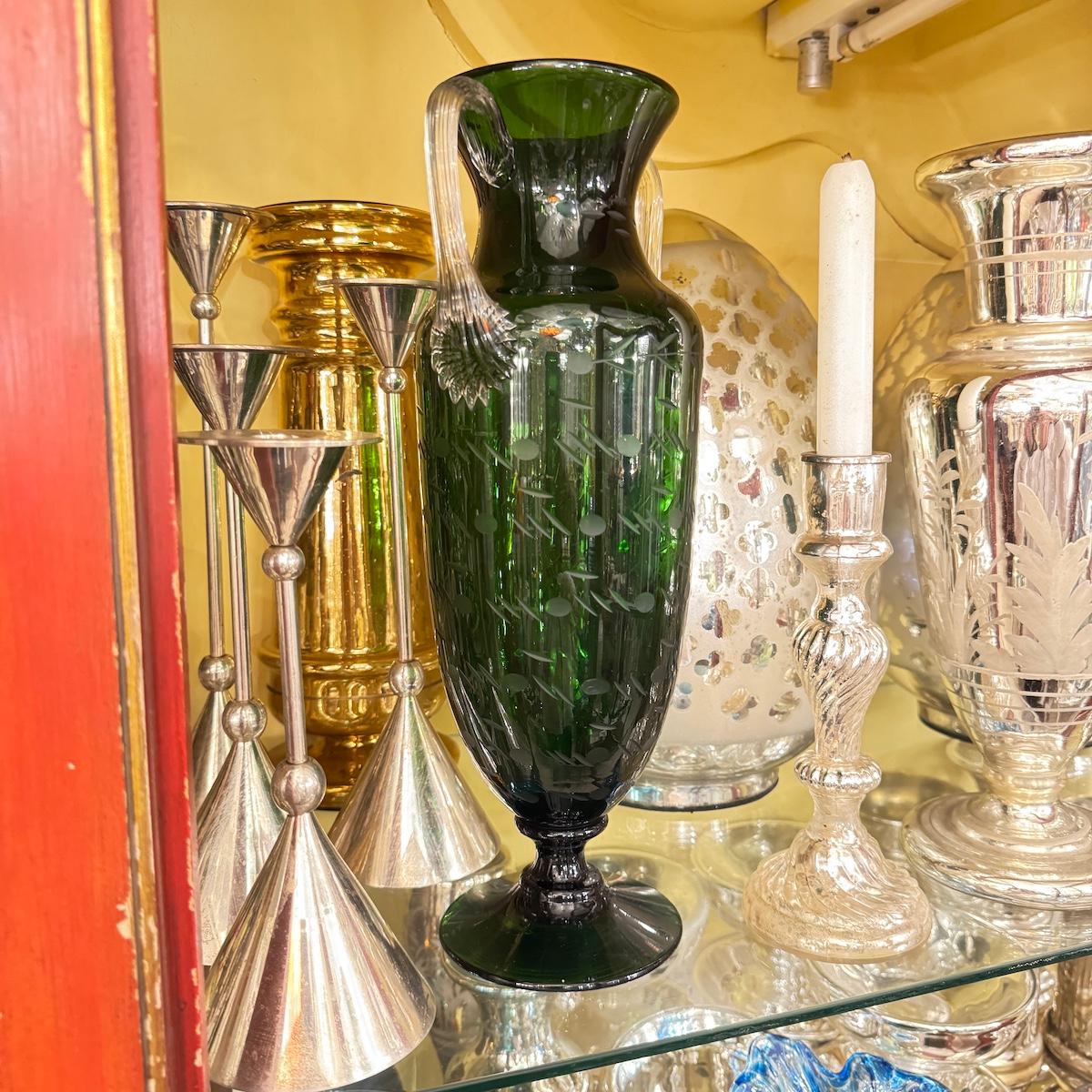 Vintage Smaragdgrün Geätzte Glasvase im Angebot 3