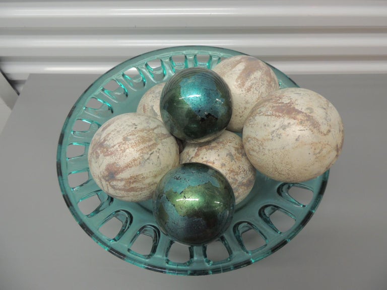 Vintage Emerald Green Glass Footed Bowl with Decorative Glass Spheres