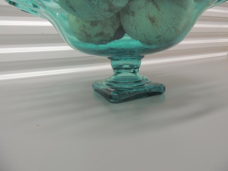 Vintage Emerald Green Glass Footed Bowl with Decorative Glass Spheres