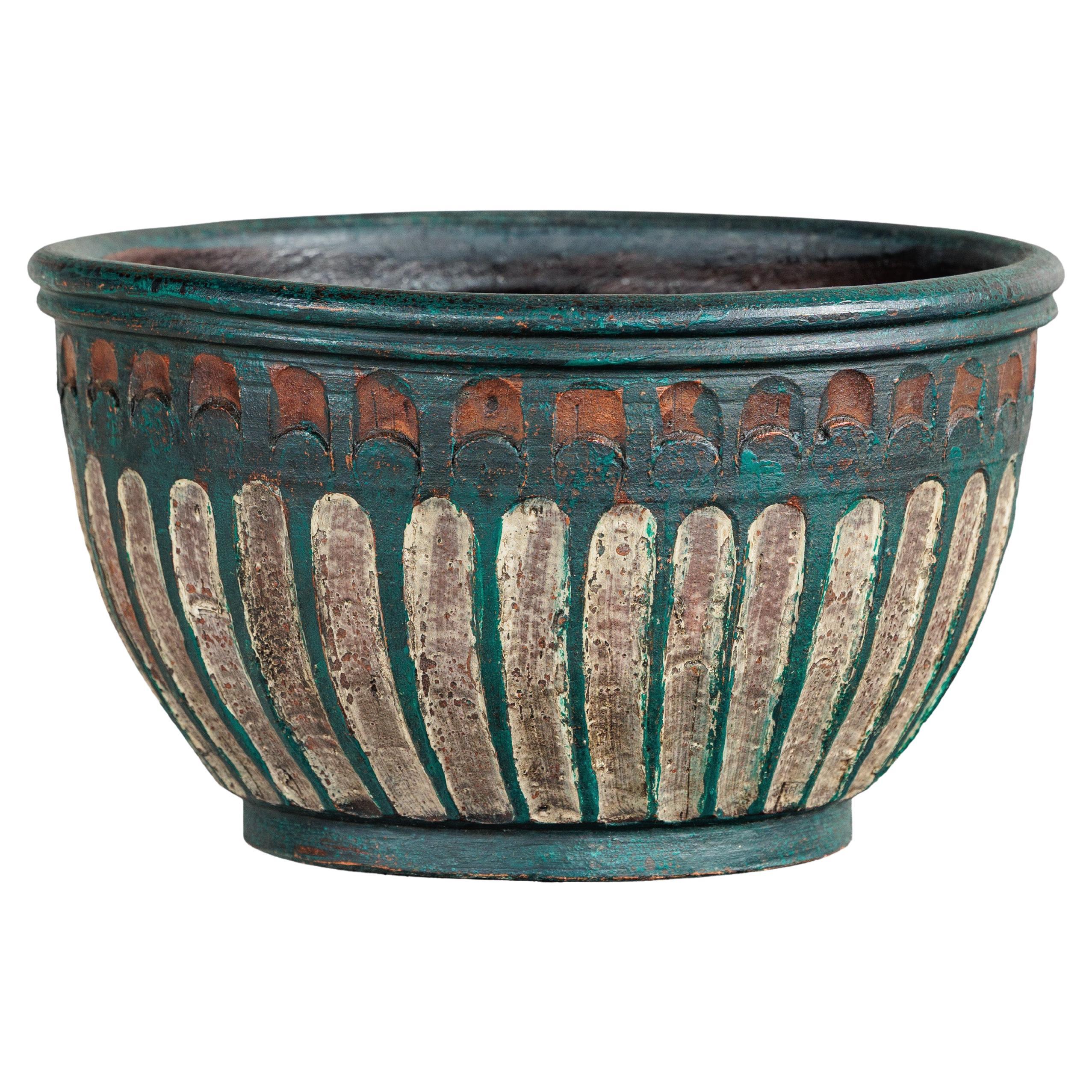 Jardinière vintage en terre cuite peinte en vert émeraude avec motifs sculptés