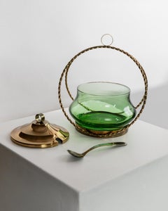 Vintage Emerald Green with Golden Metal Glass Bowl with Lid, 1940s