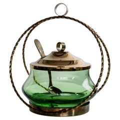 Vintage Emerald Green with Golden Metal Glass Bowl with Lid, 1940s