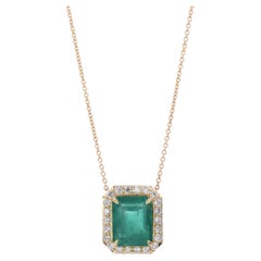 Rectangle Emerald Diamond Halo 18 Karat Yellow Gold Amulet Pendant Gem Necklace