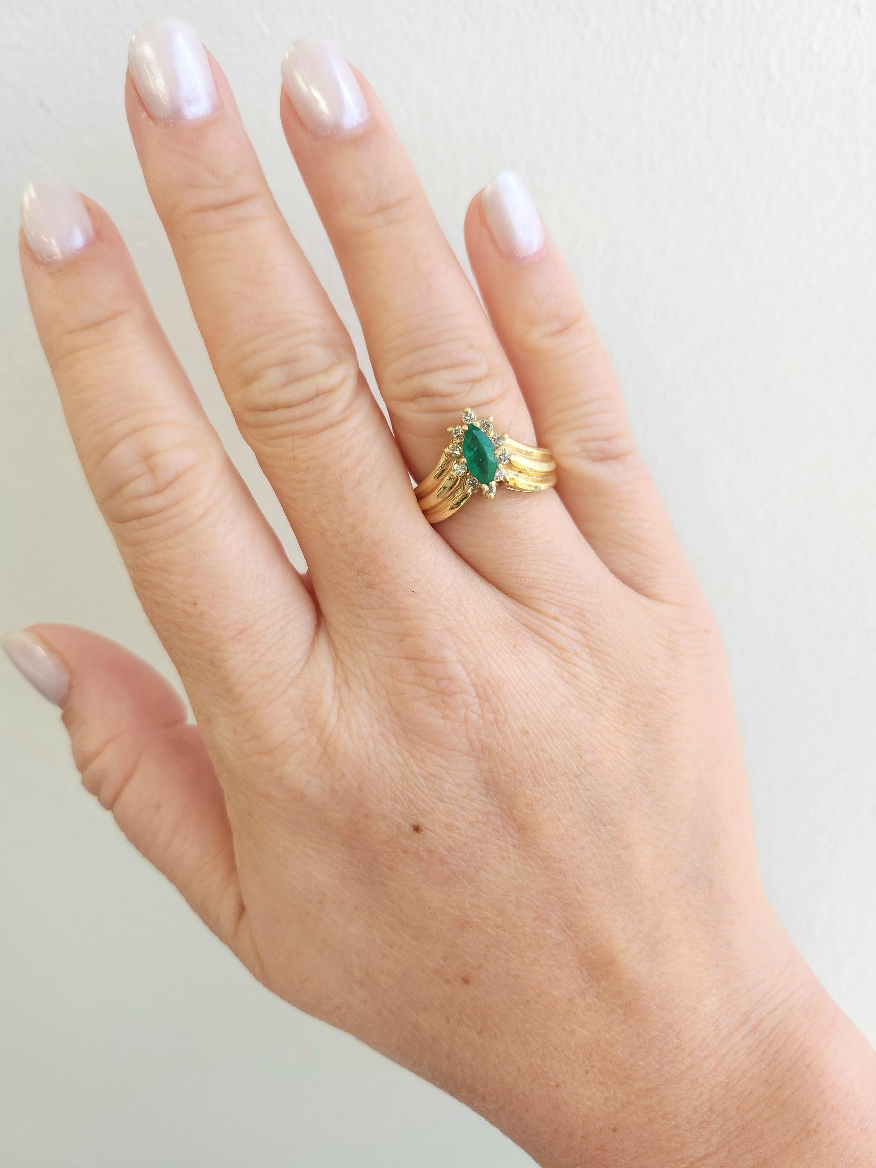 Contemporary Vintage Emerald Marquise and Diamond Halo Cocktail Ring 14K Yellow Gold For Sale