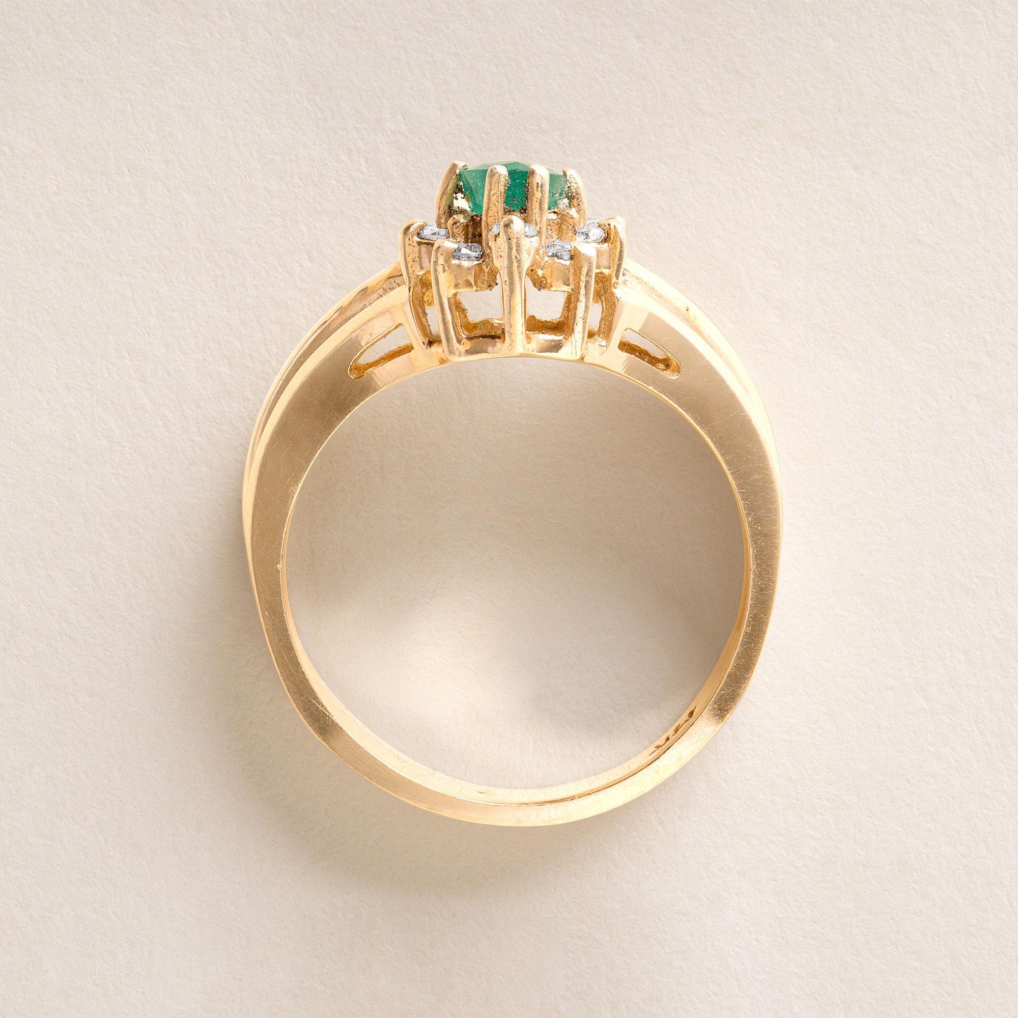 Marquise Cut Vintage Emerald Marquise and Diamond Halo Cocktail Ring 14K Yellow Gold For Sale