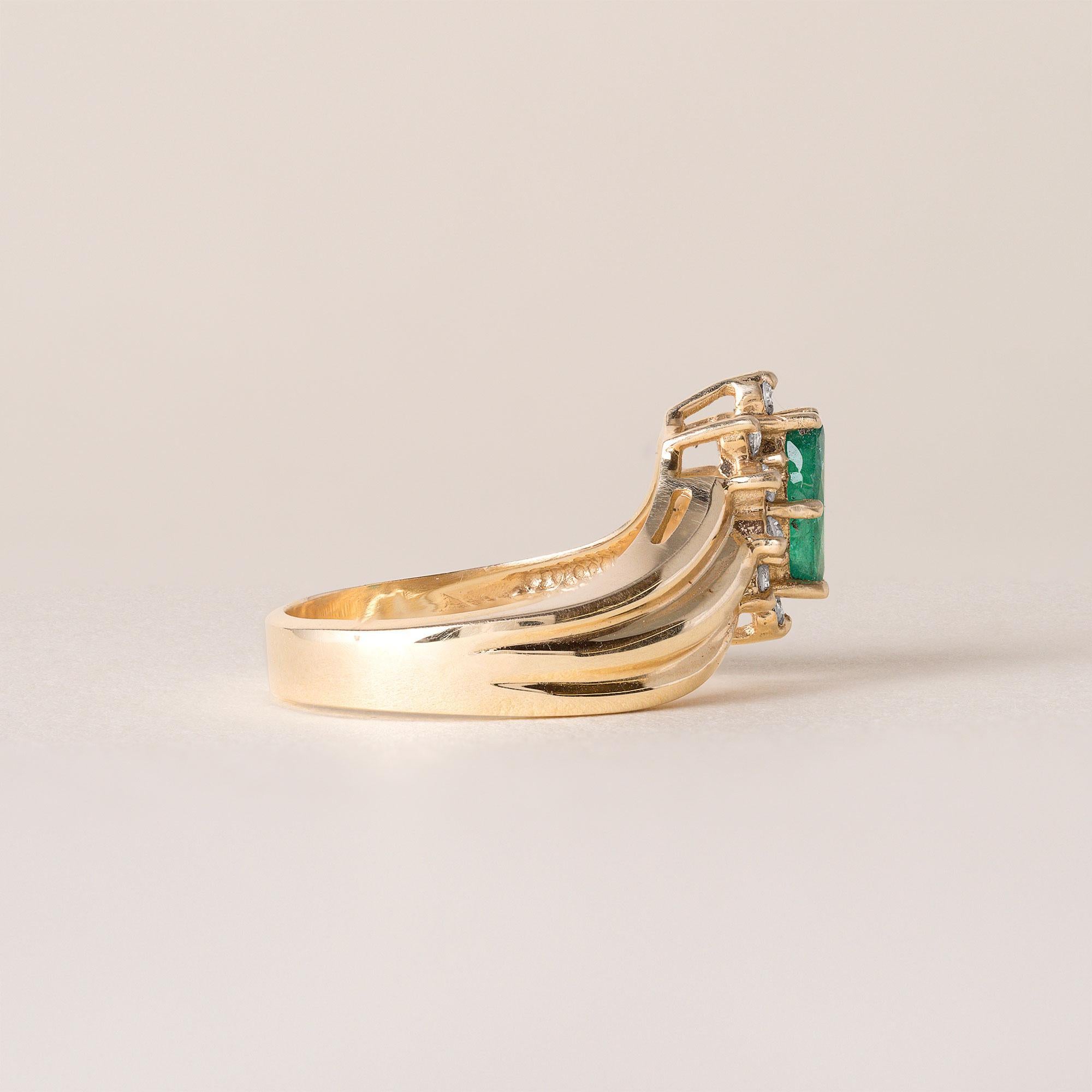 Women's Vintage Emerald Marquise and Diamond Halo Cocktail Ring 14K Yellow Gold For Sale