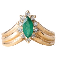 Vintage Emerald Marquise and Diamond Halo Cocktail Ring 14K Yellow Gold