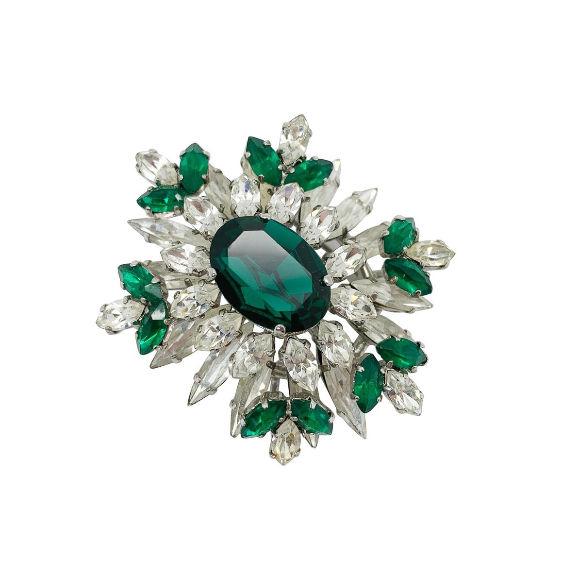 Vintage Emerald Marquise Crystal Brooch 1940s In Good Condition In Wilmslow, GB