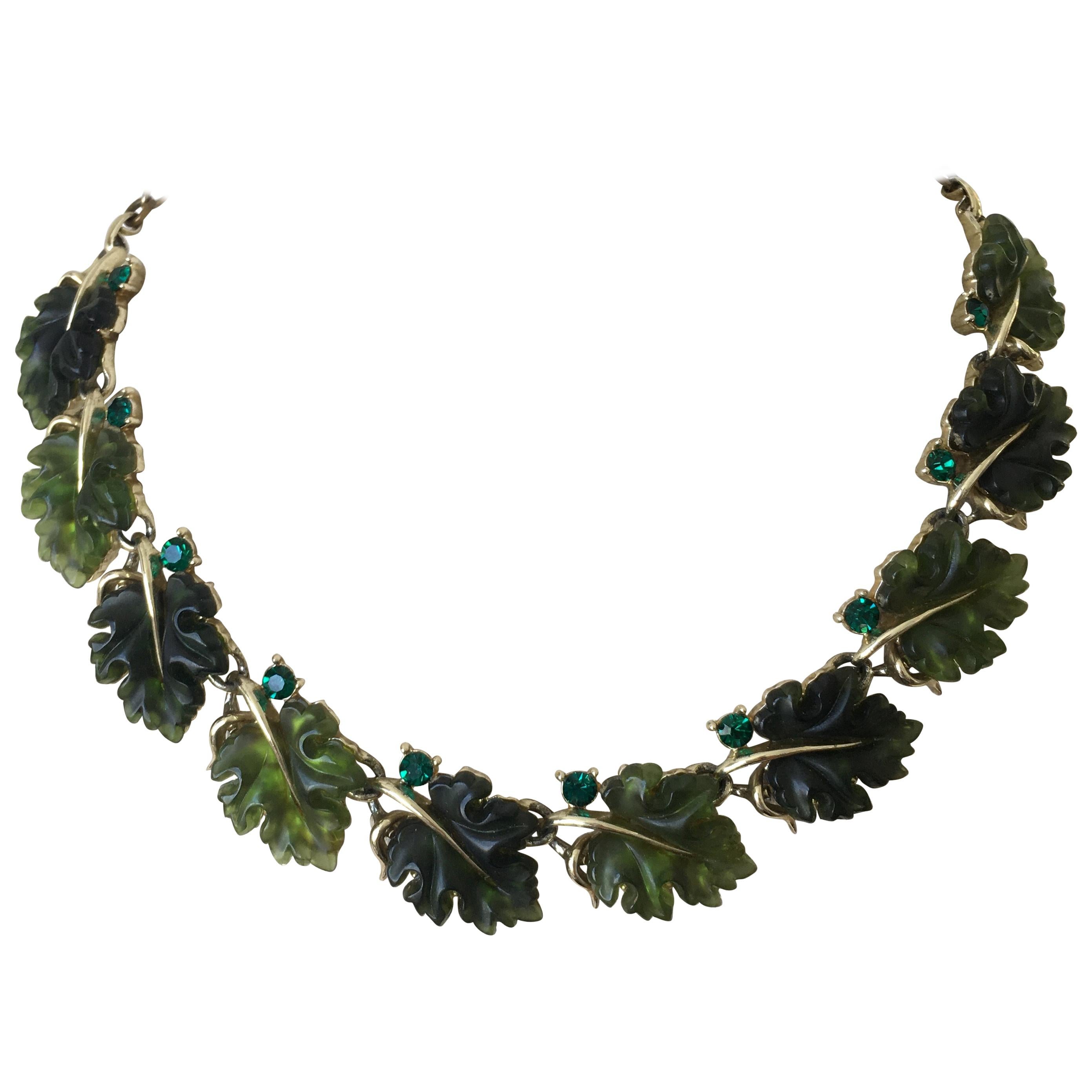 Vintage Emerald Oak Leaf Necklace by Lisner