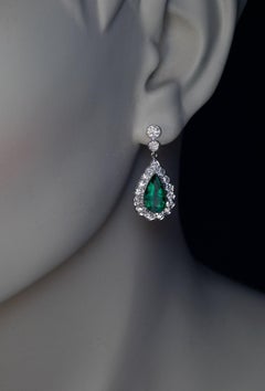 Vintage Emerald Old Cut Diamond White Gold Earrings
