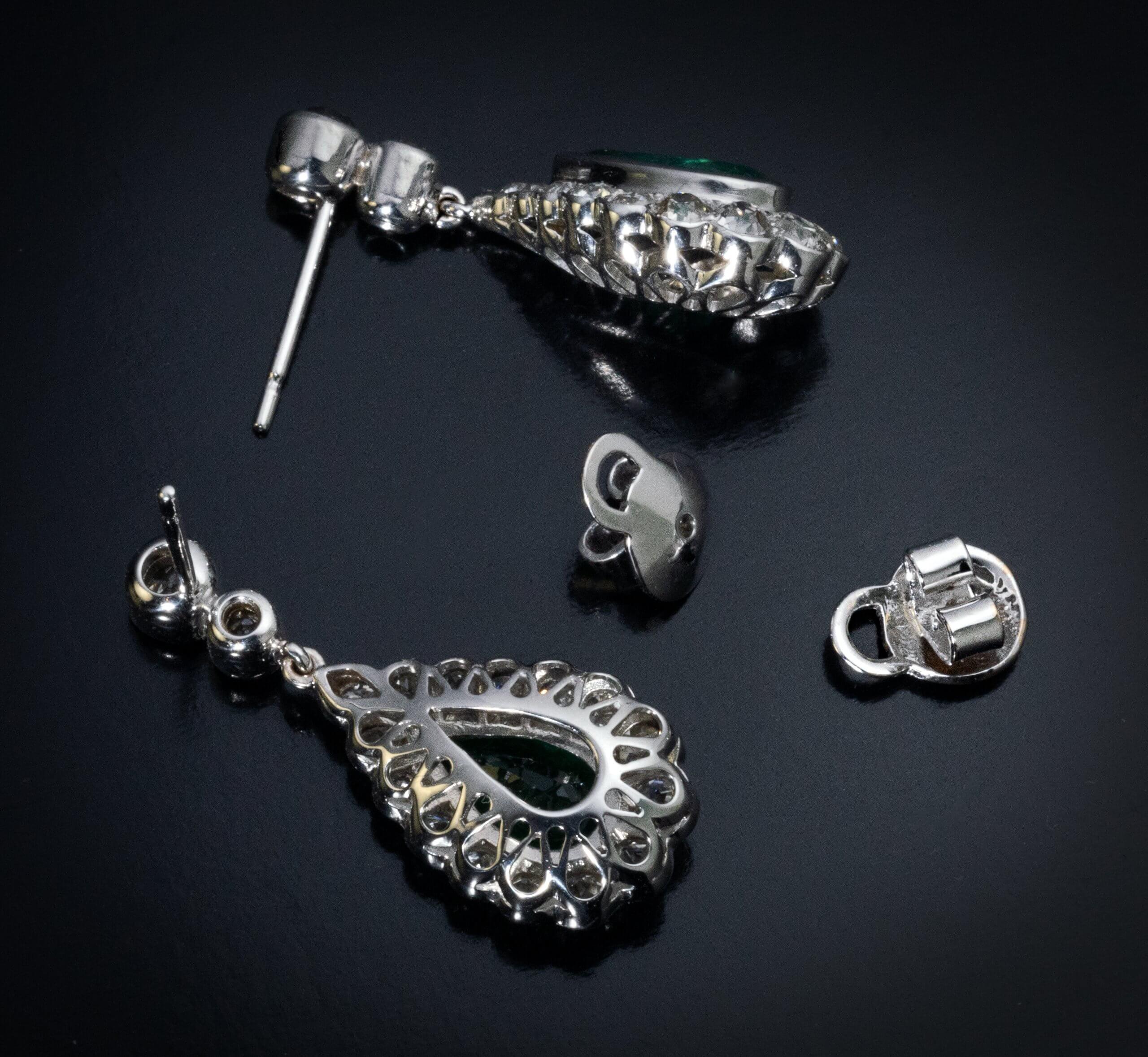 Pear Cut Vintage Emerald Old Cut Diamond White Gold Earrings For Sale