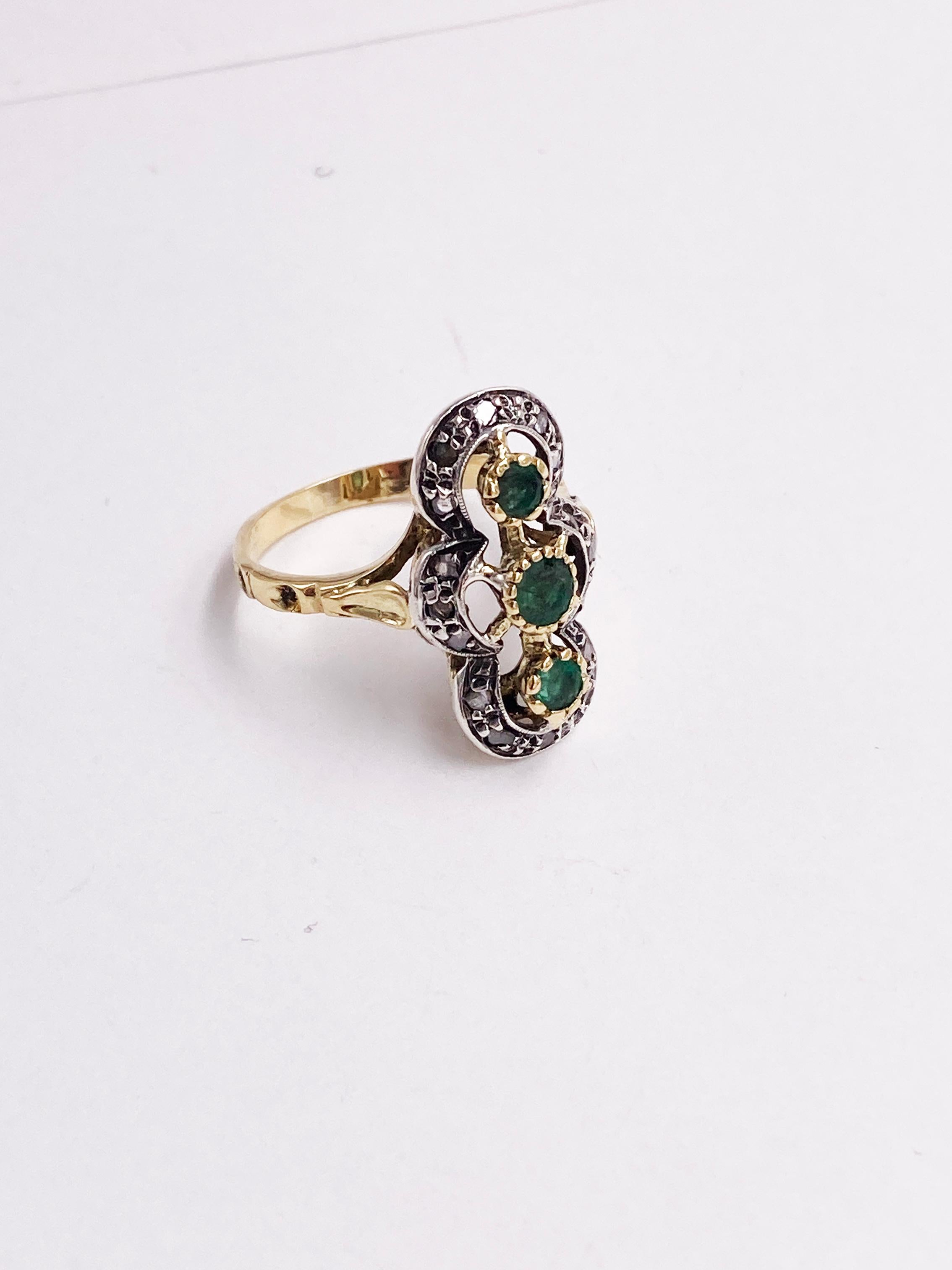 Vintage Emerald old cut Diamonds Gold Ring 7