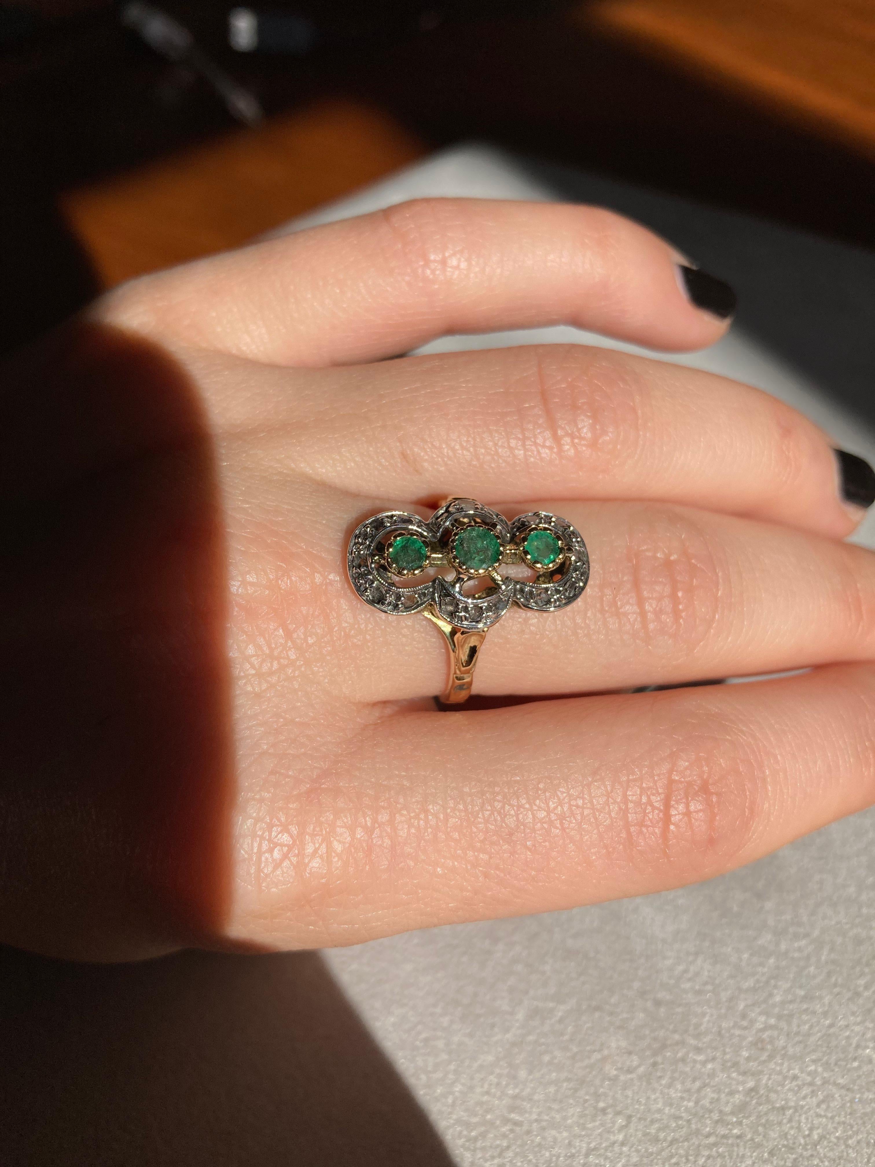 Vintage Emerald old cut Diamonds Gold Ring 3