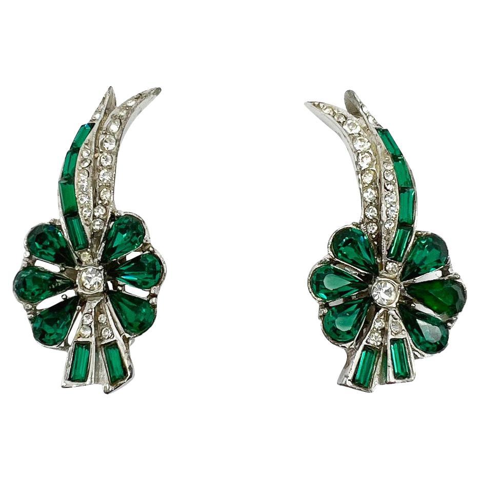 Vintage Emerald Paste Floral Earrings 1950s For Sale