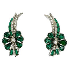 Retro Emerald Paste Floral Earrings 1950s