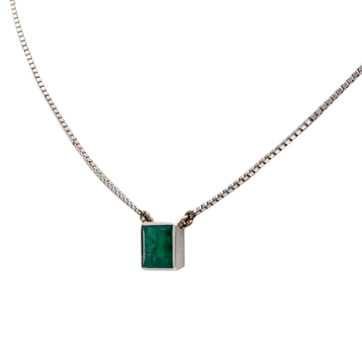 Women's or Men's Vintage Emerald Platinum Bezel Set Chain Necklace