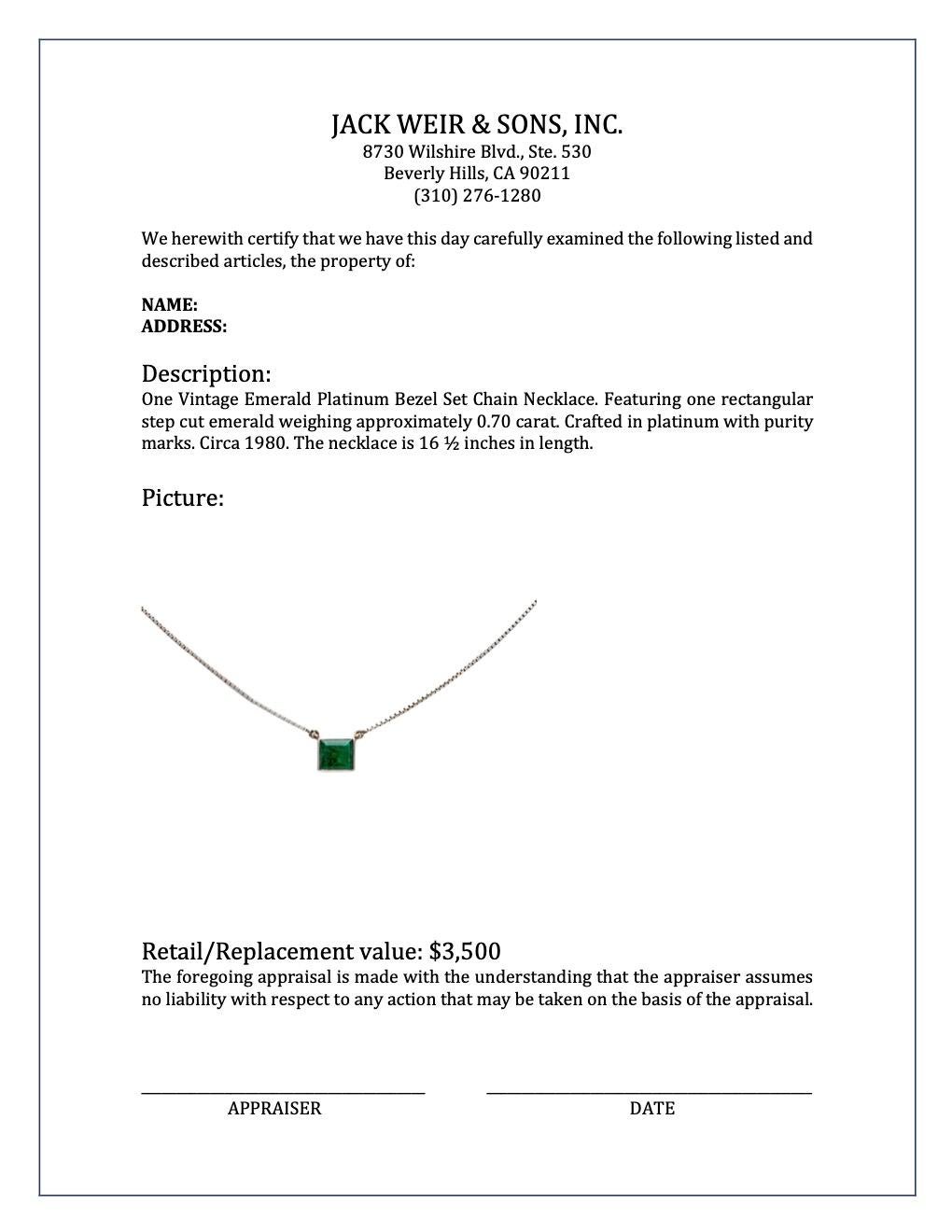 Vintage Emerald Platinum Bezel Set Chain Necklace 2