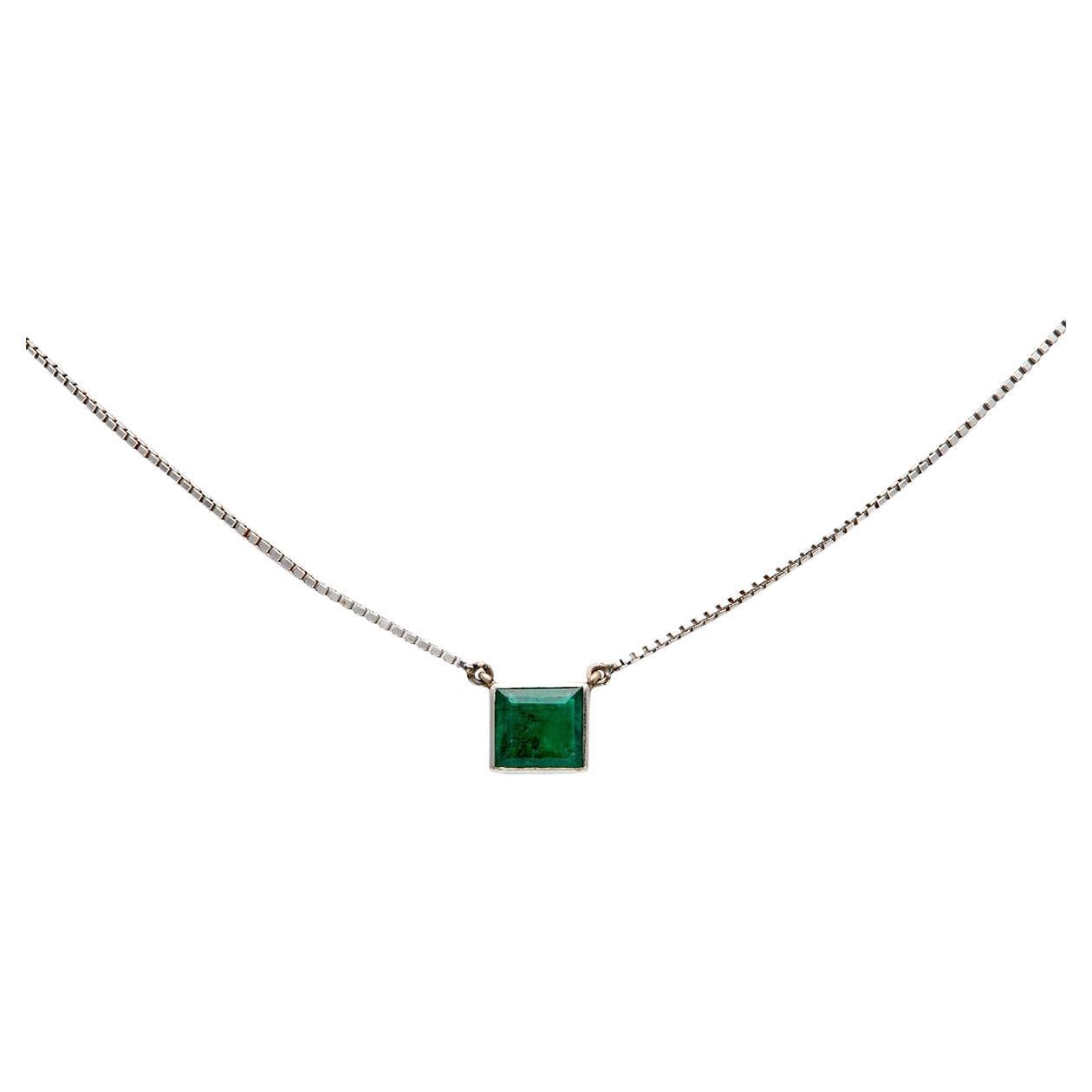 Vintage Emerald Platinum Bezel Set Chain Necklace