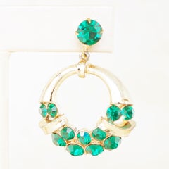 Vintage Emerald Rhinestone Drop Hoop Earrings by Coro, 1960s