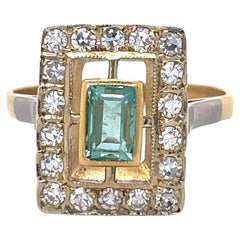 Vintage Emerald Ring, 1.24ct Emerald, 18k Yellow Gold, 0.54ct Diamond Halo Ring