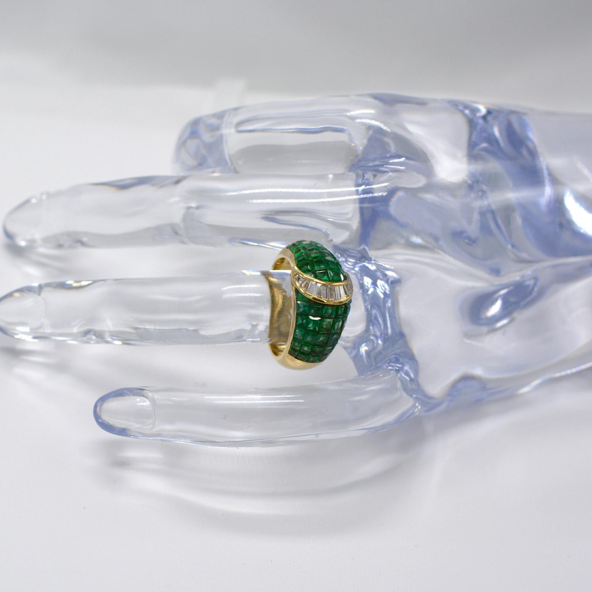 Vintage Emerald Ring Invisible Setting Emerald and Diamond Ring in 18 Carat Gold For Sale 5