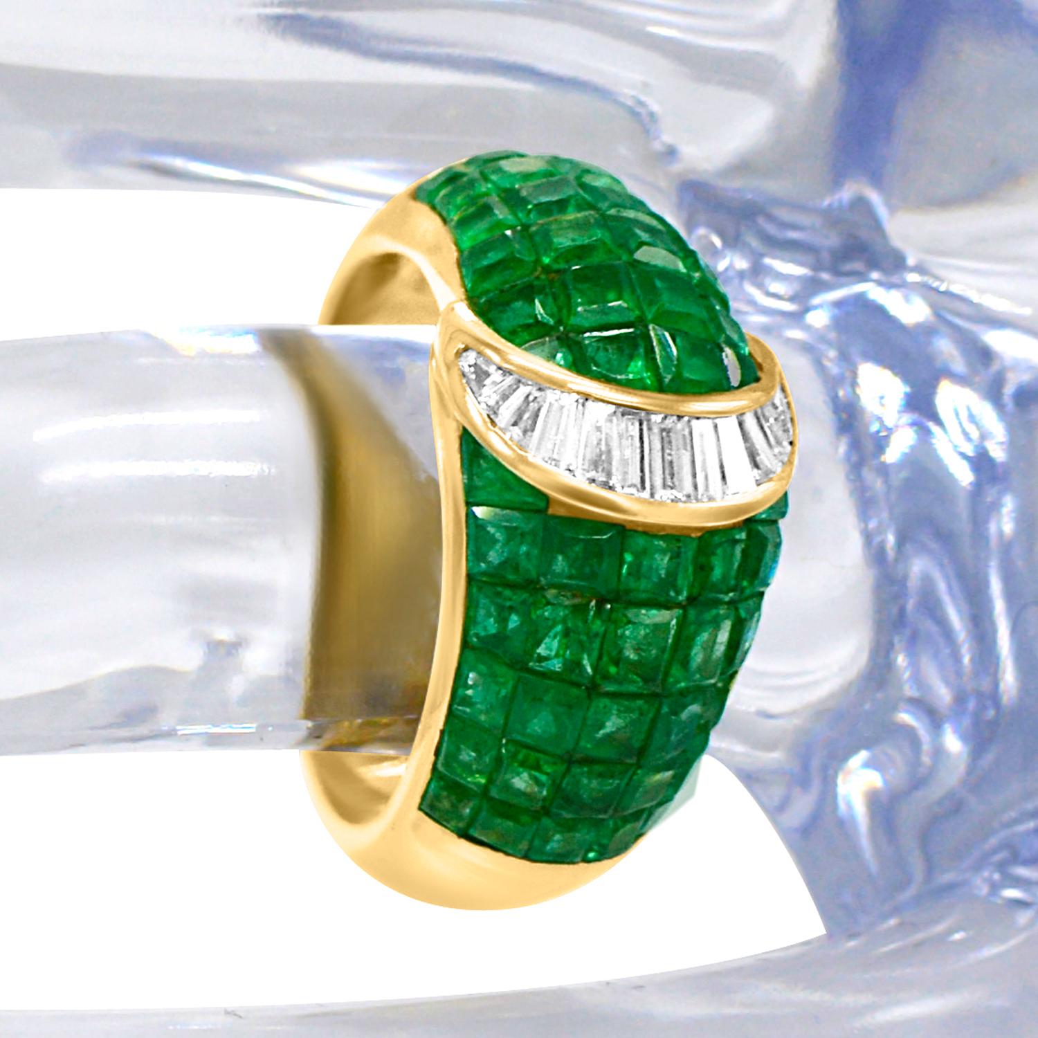 Square Cut Vintage Emerald Ring Invisible Setting Emerald and Diamond Ring in 18 Carat Gold For Sale