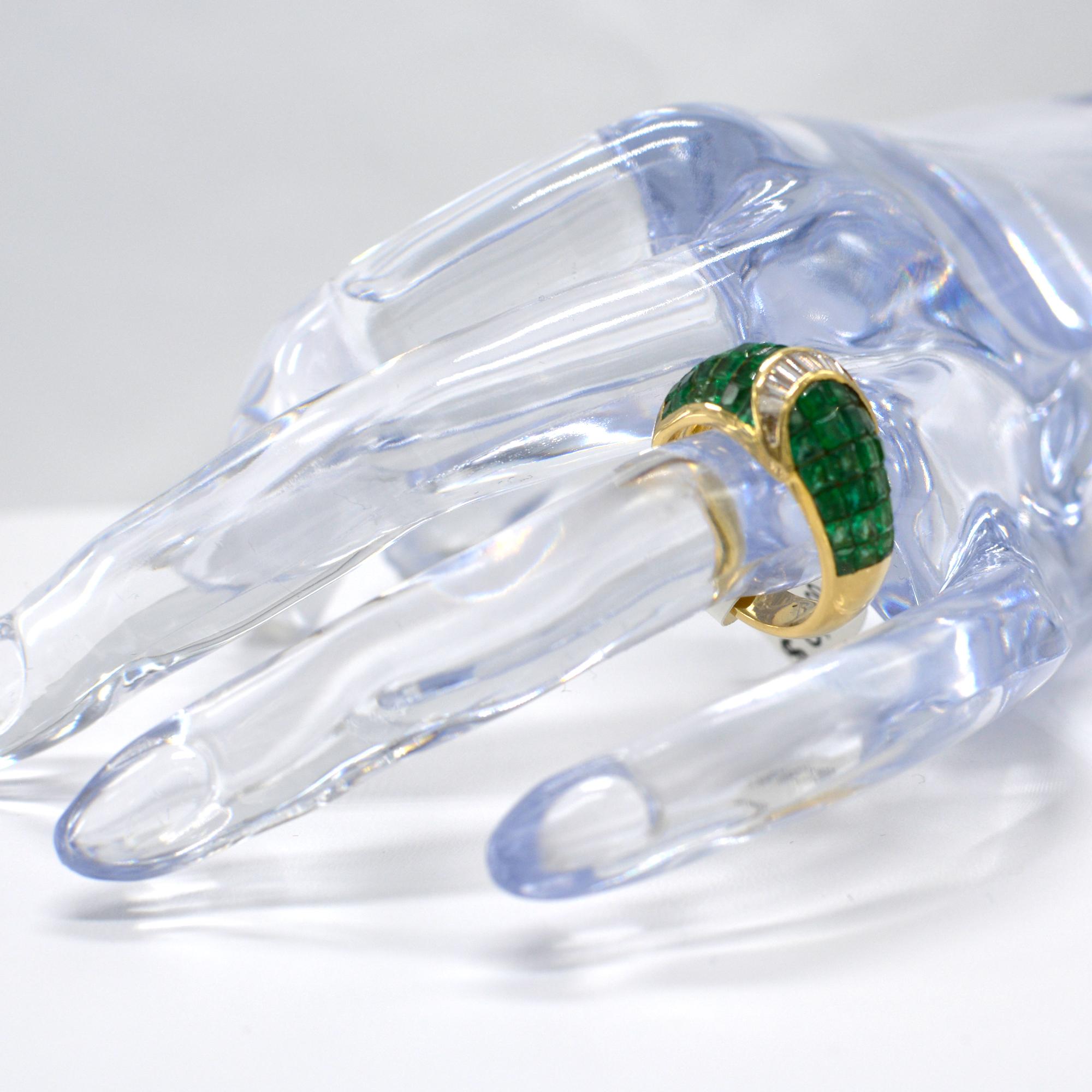 Vintage Emerald Ring Invisible Setting Emerald and Diamond Ring in 18 Carat Gold For Sale 6