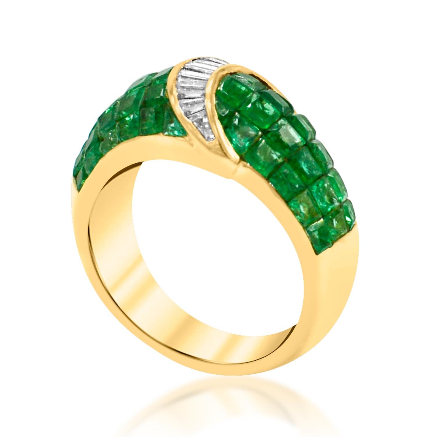 Square Cut Vintage Emerald Ring Invisible Setting Emerald and Diamond Ring in 18 Carat Gold