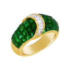 Vintage Emerald Ring Invisible Setting Emerald and Diamond Ring in 18 Carat Gold