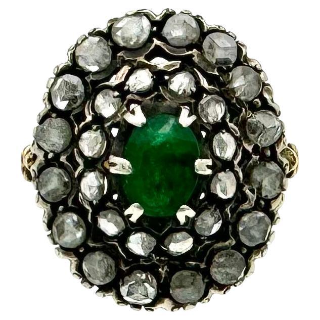 Vintage Emerald Rose Cut Diamond Ring 18K Yellow And White Gold For Sale