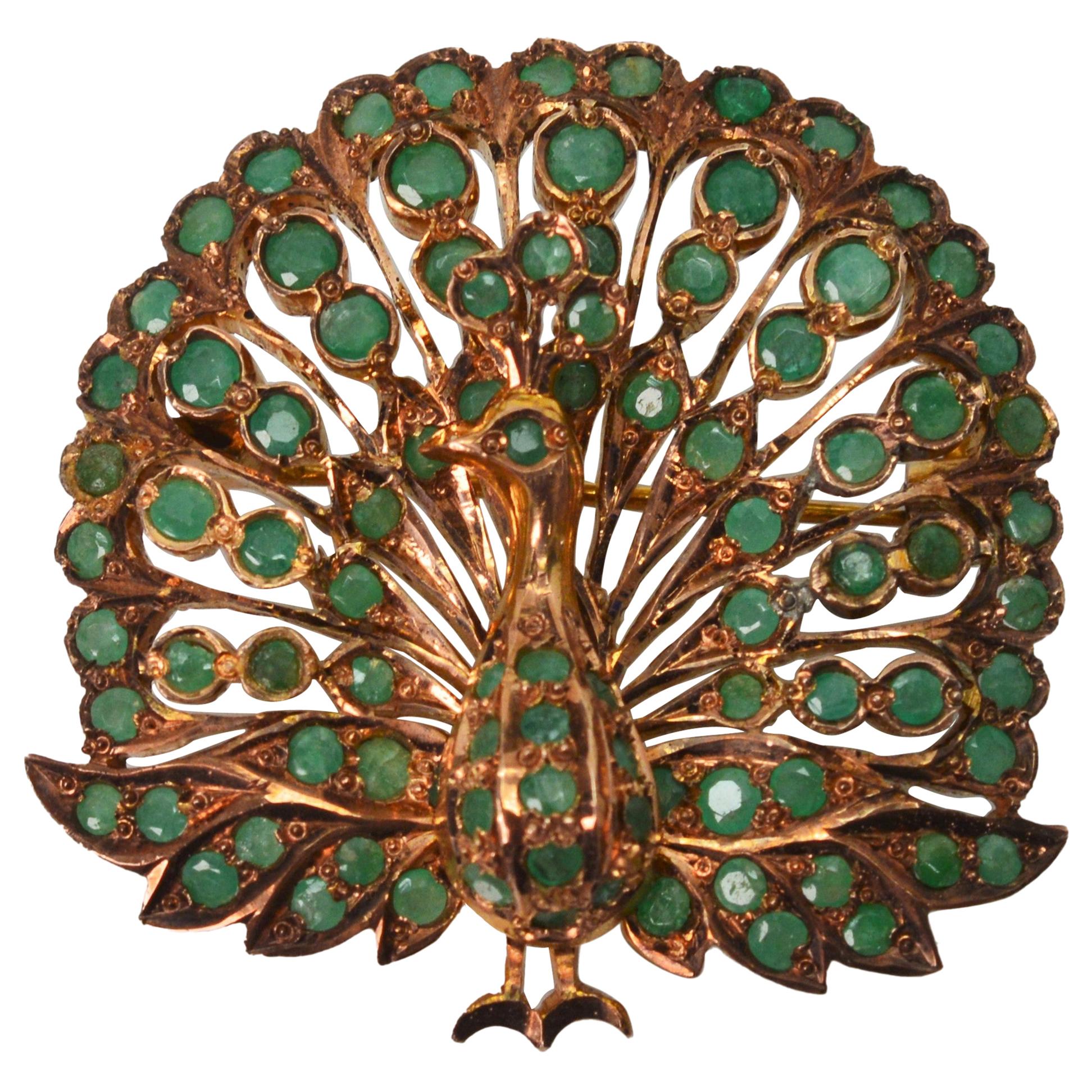 Vintage Emerald Rose Gold Peacock Brooch Pendant