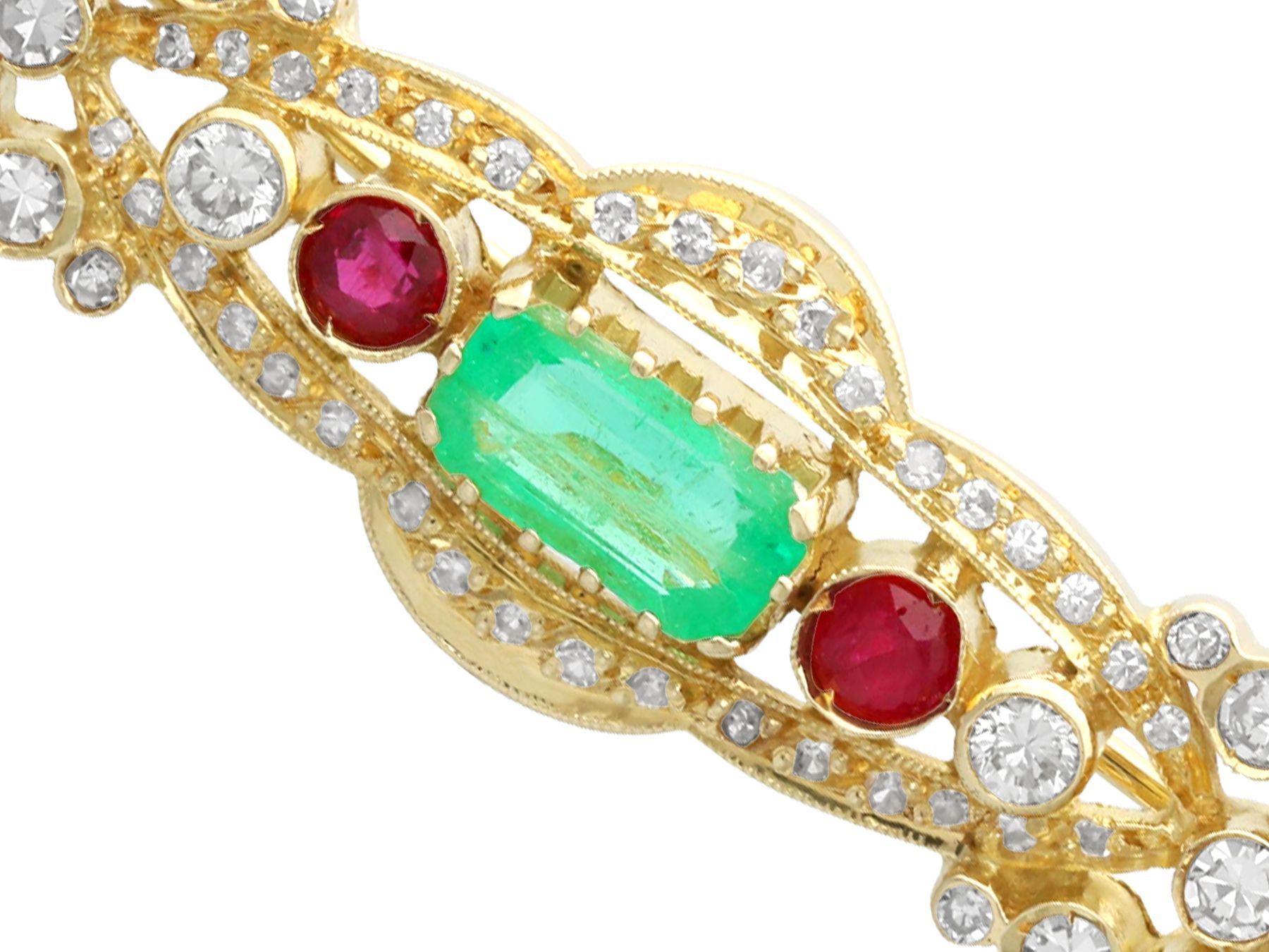 Emerald Cut Vintage Emerald Ruby and 1.04 Carat Diamond Yellow Gold Brooch, circa 1980 For Sale
