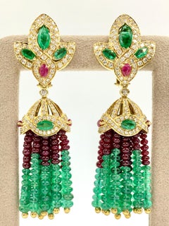 Vintage Emerald, Ruby and Diamond 18 Karat Tassel Earrings