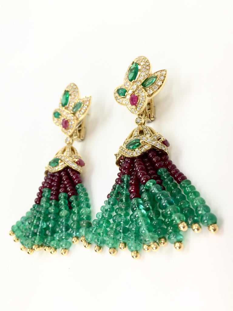 Vintage Emerald, Ruby and Diamond 18 Karat Tassel Earrings For Sale at ...