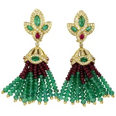 Vintage Emerald, Ruby and Diamond 18 Karat Tassel Earrings