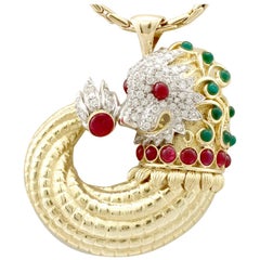 Vintage Emerald Ruby and Diamond Yellow and White Gold Dragon Pendant