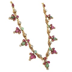 Vintage Emerald Ruby and Diamond Cascade Gold Link Statement Necklace