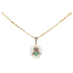Vintage Emerald, Ruby and Diamond Insect Pendant Set on Rock Crystal