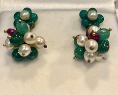 Vintage Emerald Ruby and Pearl Post Back Dangling Earrings 18 Karat Yellow Gold