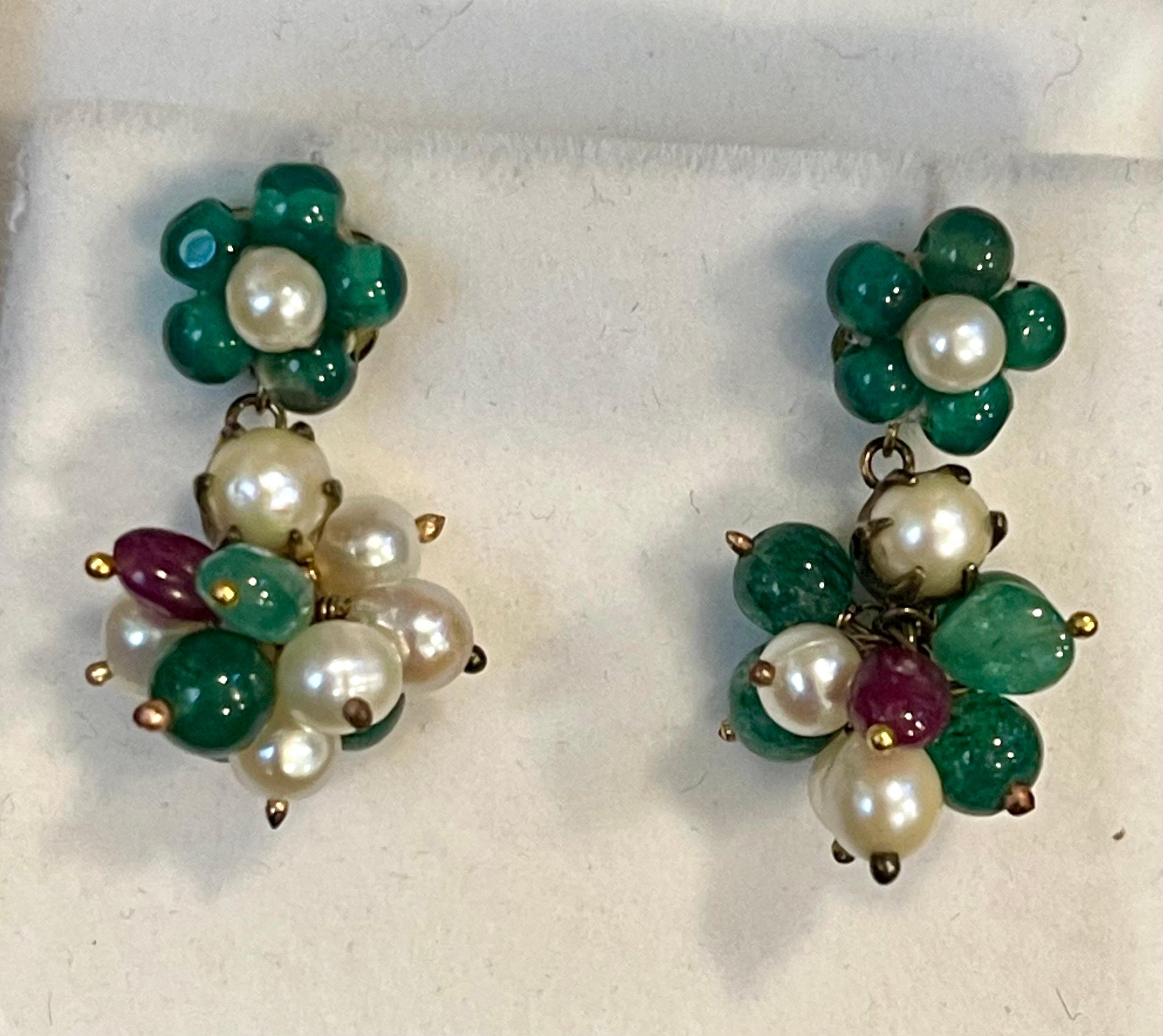 Bead Vintage Emerald Ruby and Pearl Post Back Dangling Earrings 18 Karat Yellow Gold
