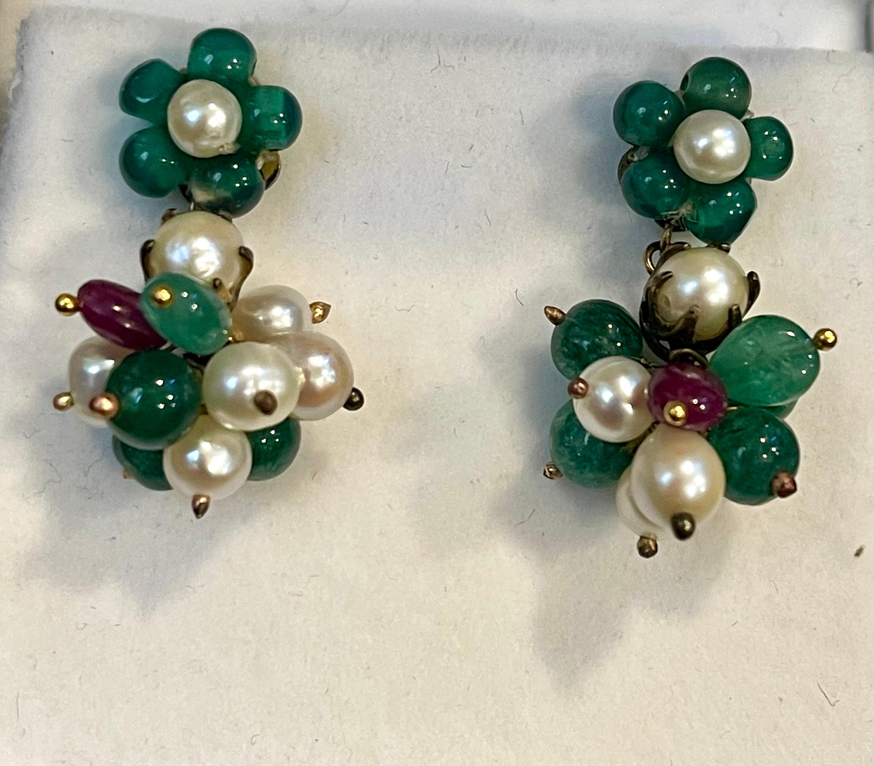 Vintage Emerald Ruby and Pearl Post Back Dangling Earrings 18 Karat Yellow Gold 1