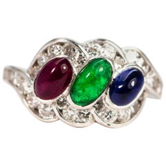 Vintage Emerald, Ruby and Sapphire Platinum Ring