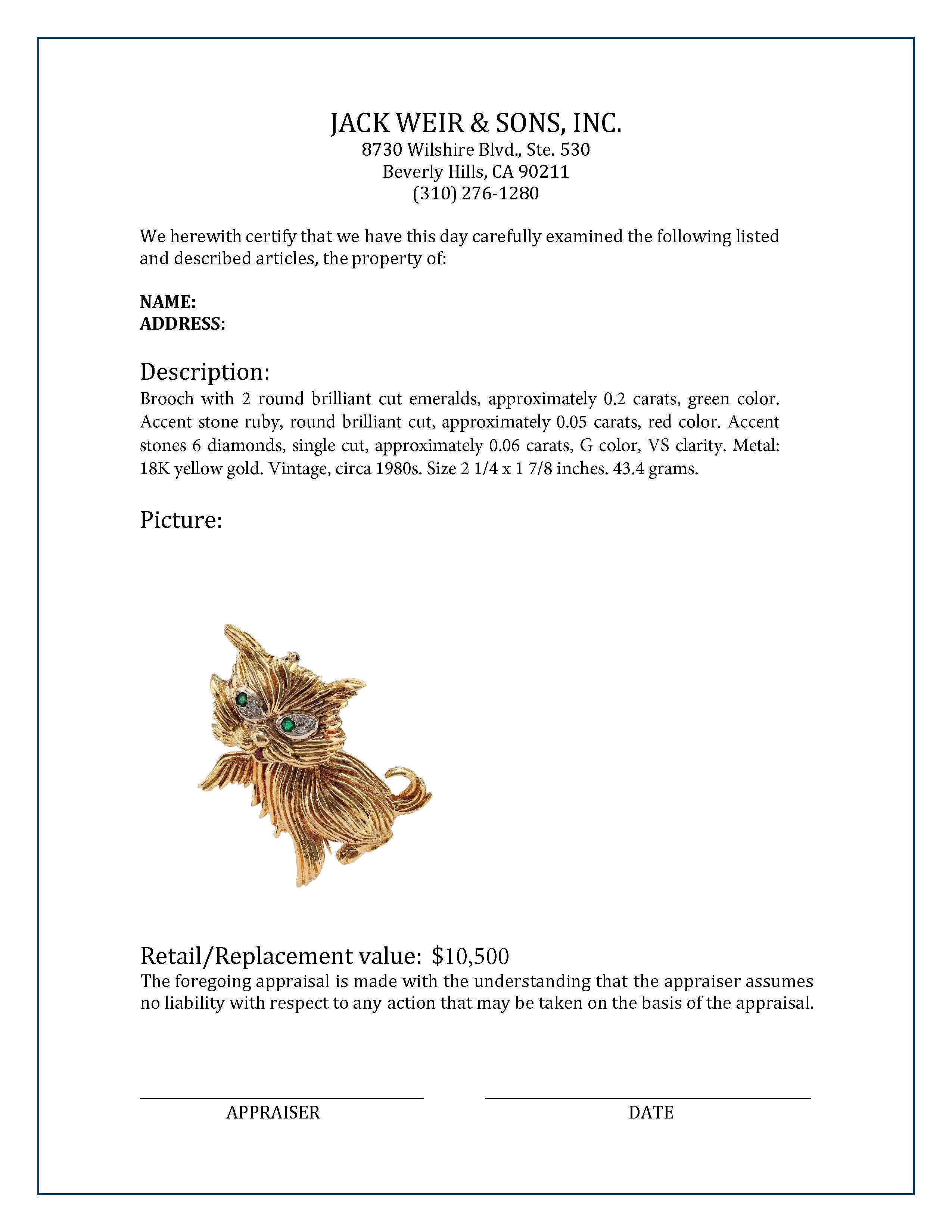 Women's or Men's Vintage Emerald Ruby Diamond 18K Yellow Gold Cat Brooch For Sale
