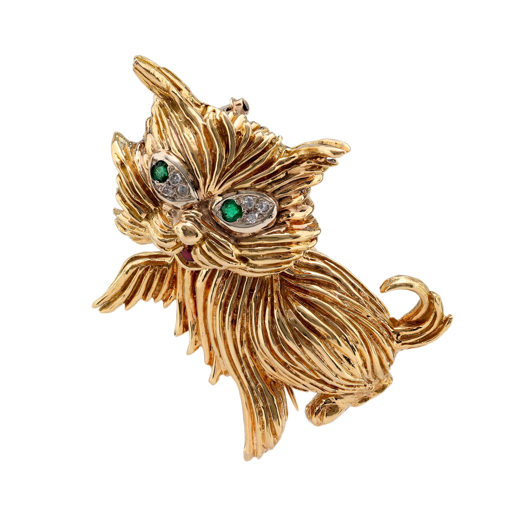 Vintage Emerald Ruby Diamond 18K Yellow Gold Cat Brooch For Sale